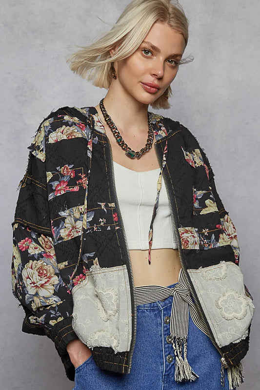 POL Zip Up Floral and Lace Patch Washed Jacket - Tigbul's Variety Fashion Shop