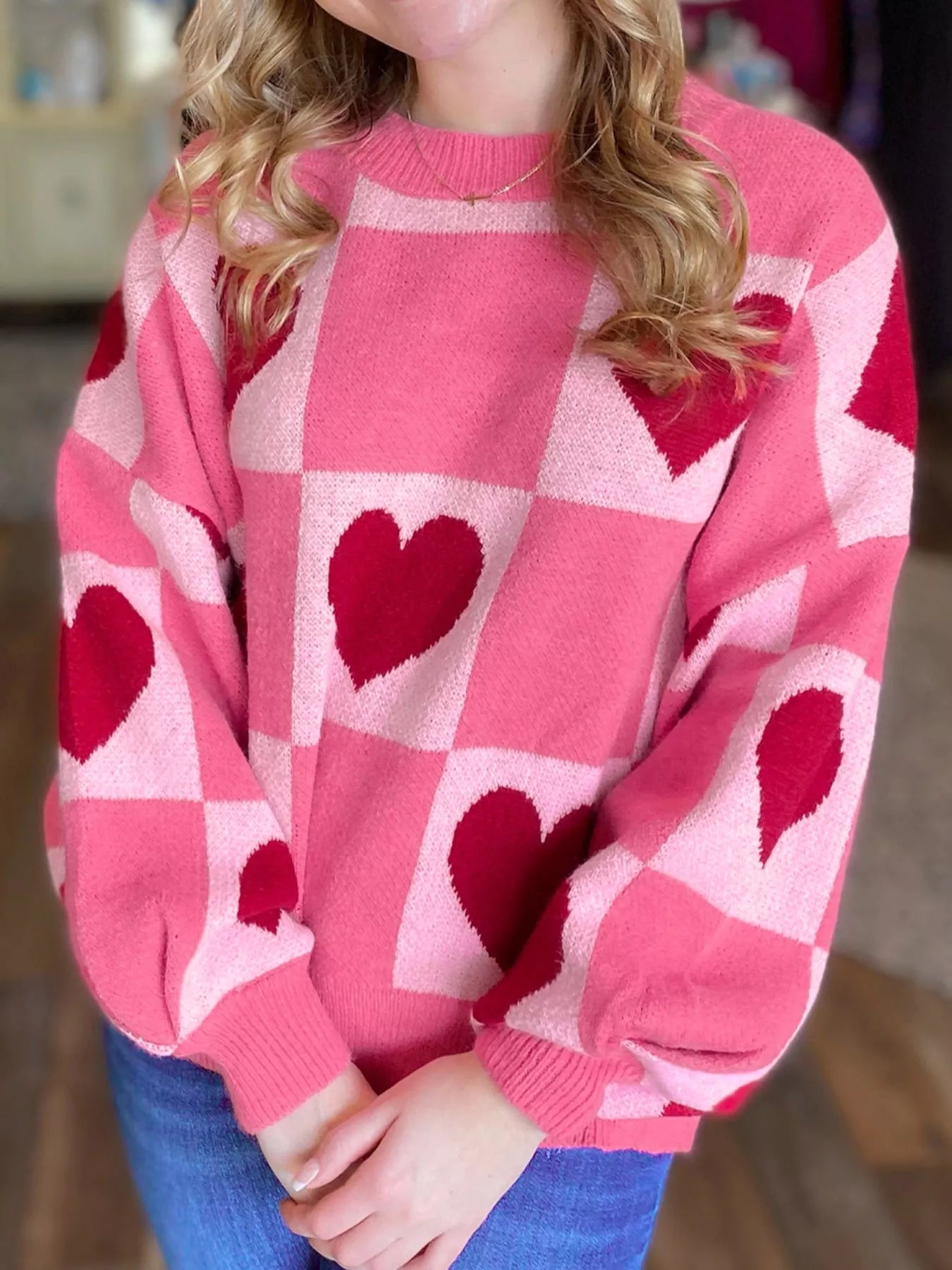 Heart Pattern Checkered Round Neck Sweater - Tigbul's Variety Fashion Shop