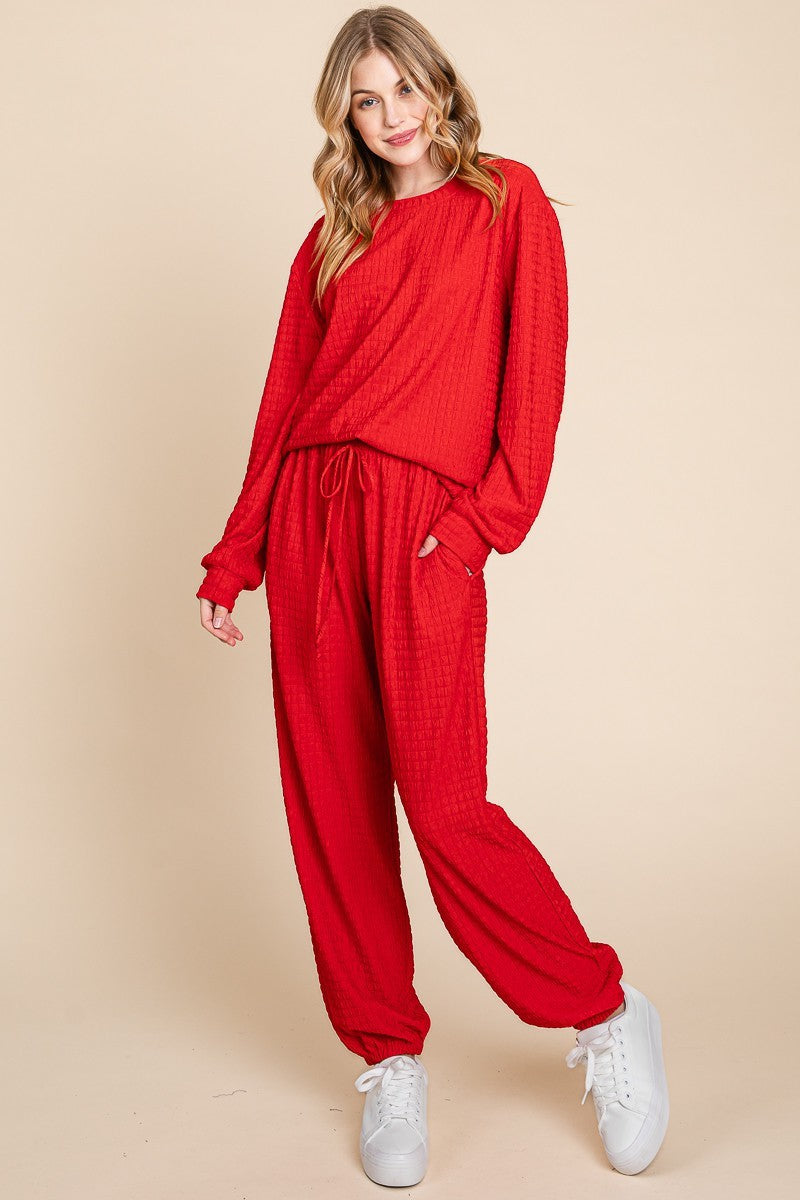 Red Crinkle Check Round Neck Top and Pants Lounge Set - Tigbul's Variety Fashion Shop