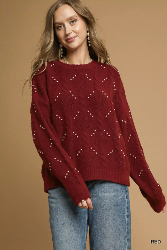 Umgee Pearl-Embellished Long Sleeve Sweater - Tigbul's Variety Fashion Shop