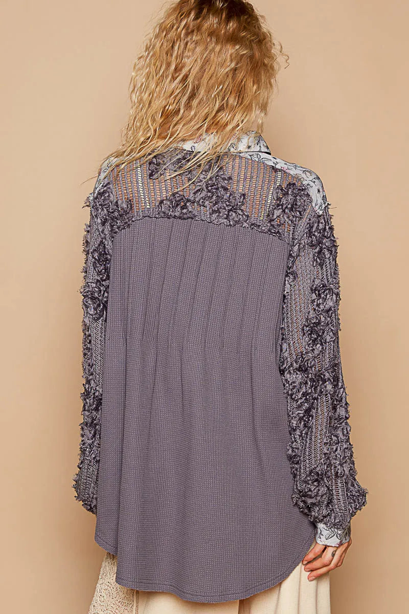 POL Floral Half Button Lace Detail Long Sleeve Top - Tigbul's Variety Fashion Shop