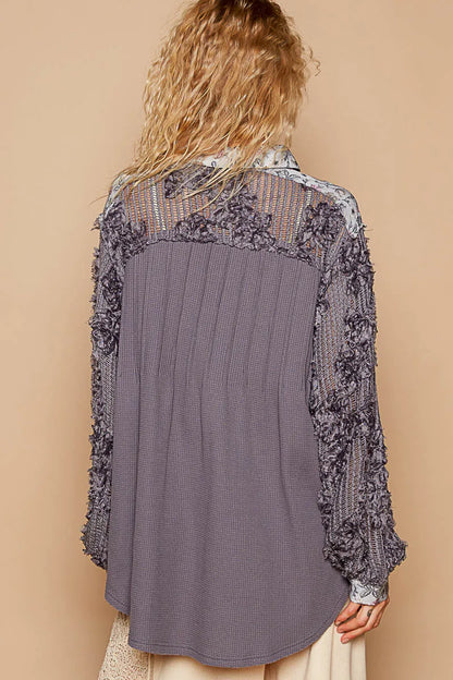 POL Floral Half Button Lace Detail Long Sleeve Top - Tigbul's Variety Fashion Shop
