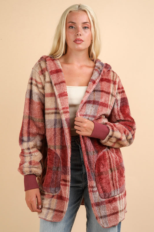 VERY J Fuzzy Plaid Long Sleeve Hooded Jacket - Tigbul's Variety Fashion Shop