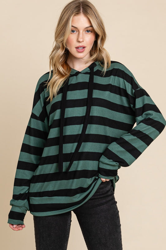 BOMBOM Drawstring Striped Dropped Shoulder Hoodie - Tigbul's Variety Fashion Shop