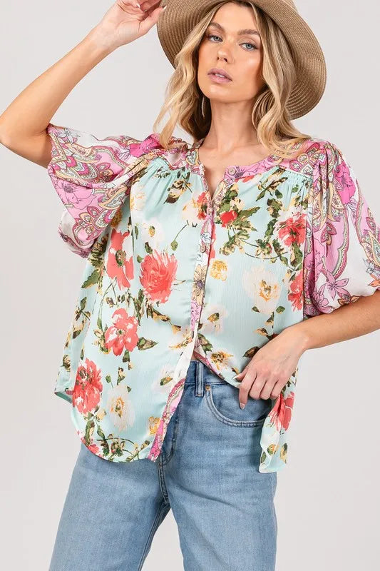 Plus Size Floral Mineral Wash Blue French Terry Button Up Shirt - Tigbul's Variety Fashion Shop