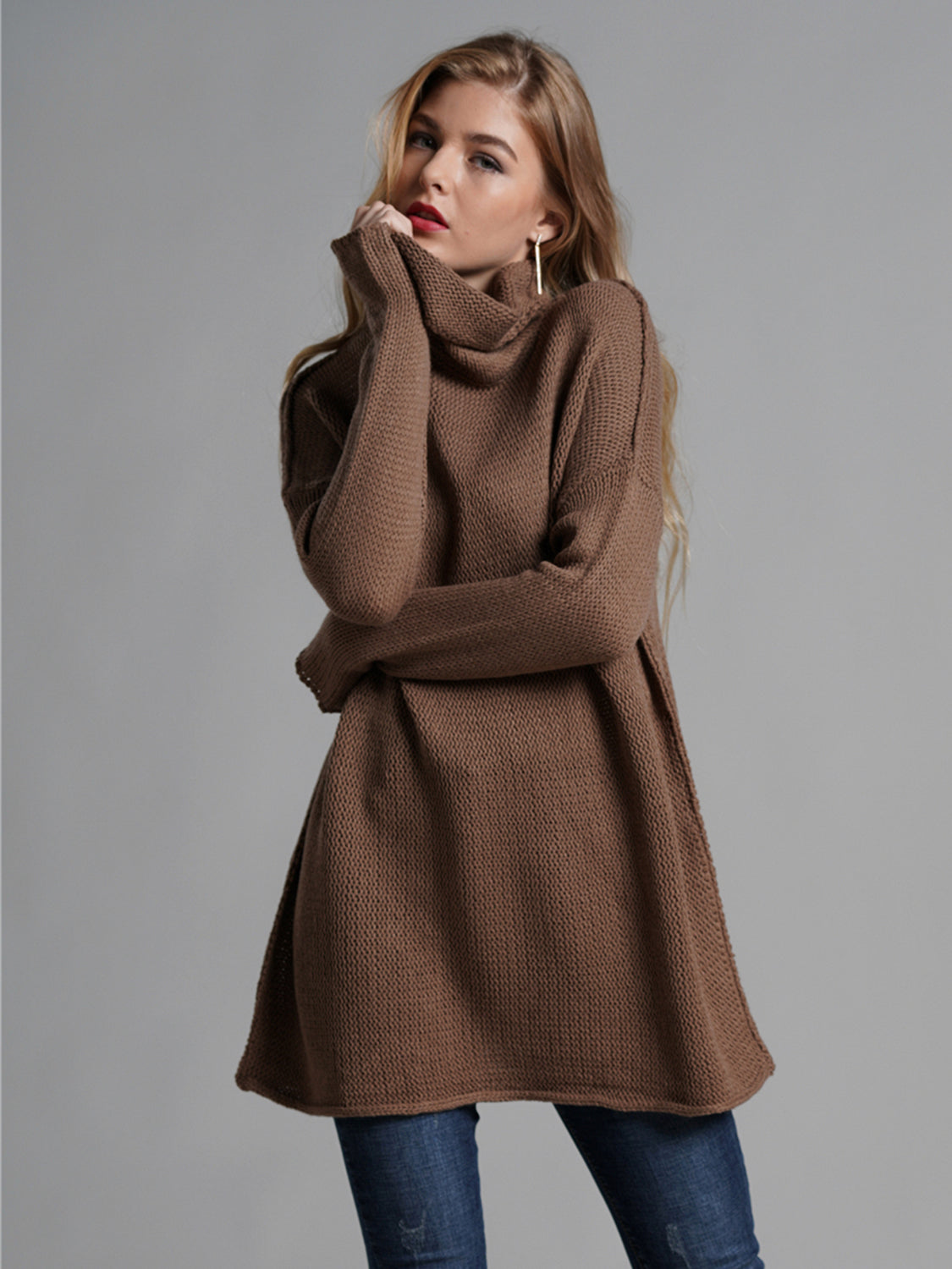 Turtleneck Dropped Shoulder Long Sleeve Sweater - Tigbul's Variety Fashion Shop