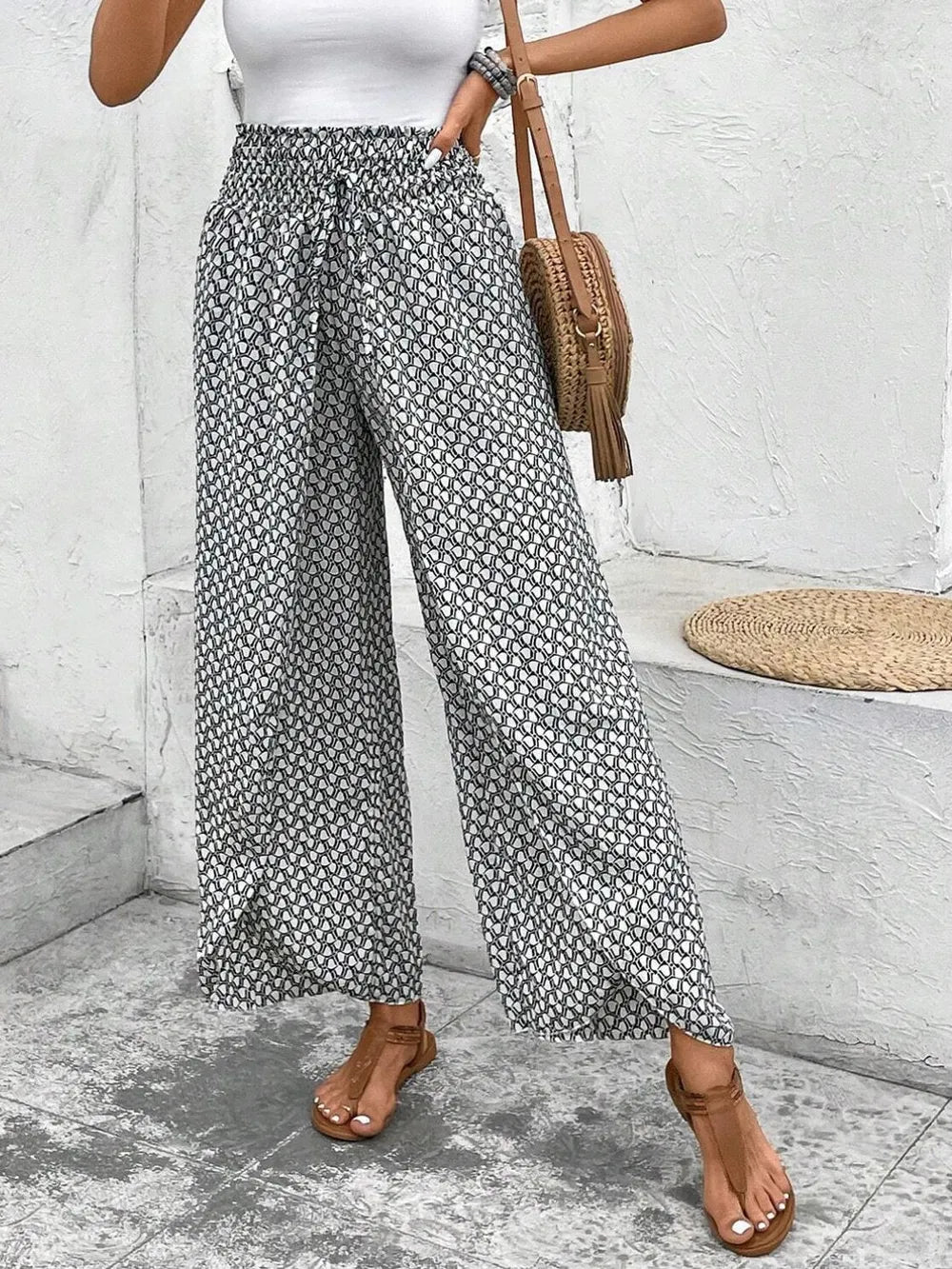 Tied Printed Wide Leg Pants - Tigbul's Variety Fashion Shop