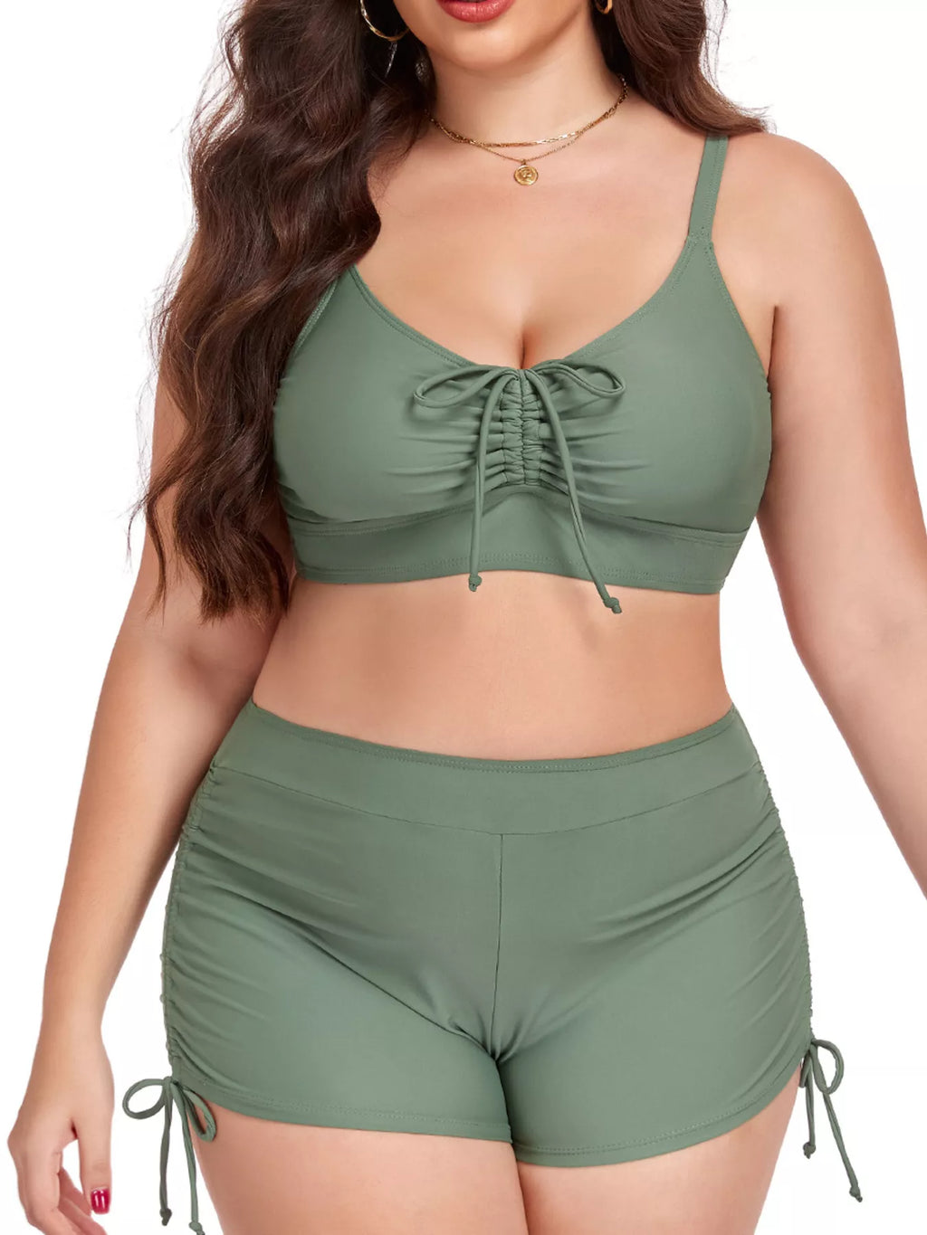 Army green plus size ruched swim set: ruched tie-front top with matching high-waist shorts