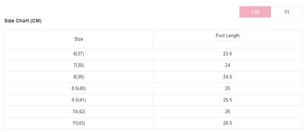 Size chart (CM) for sneakers: shoe size and foot length