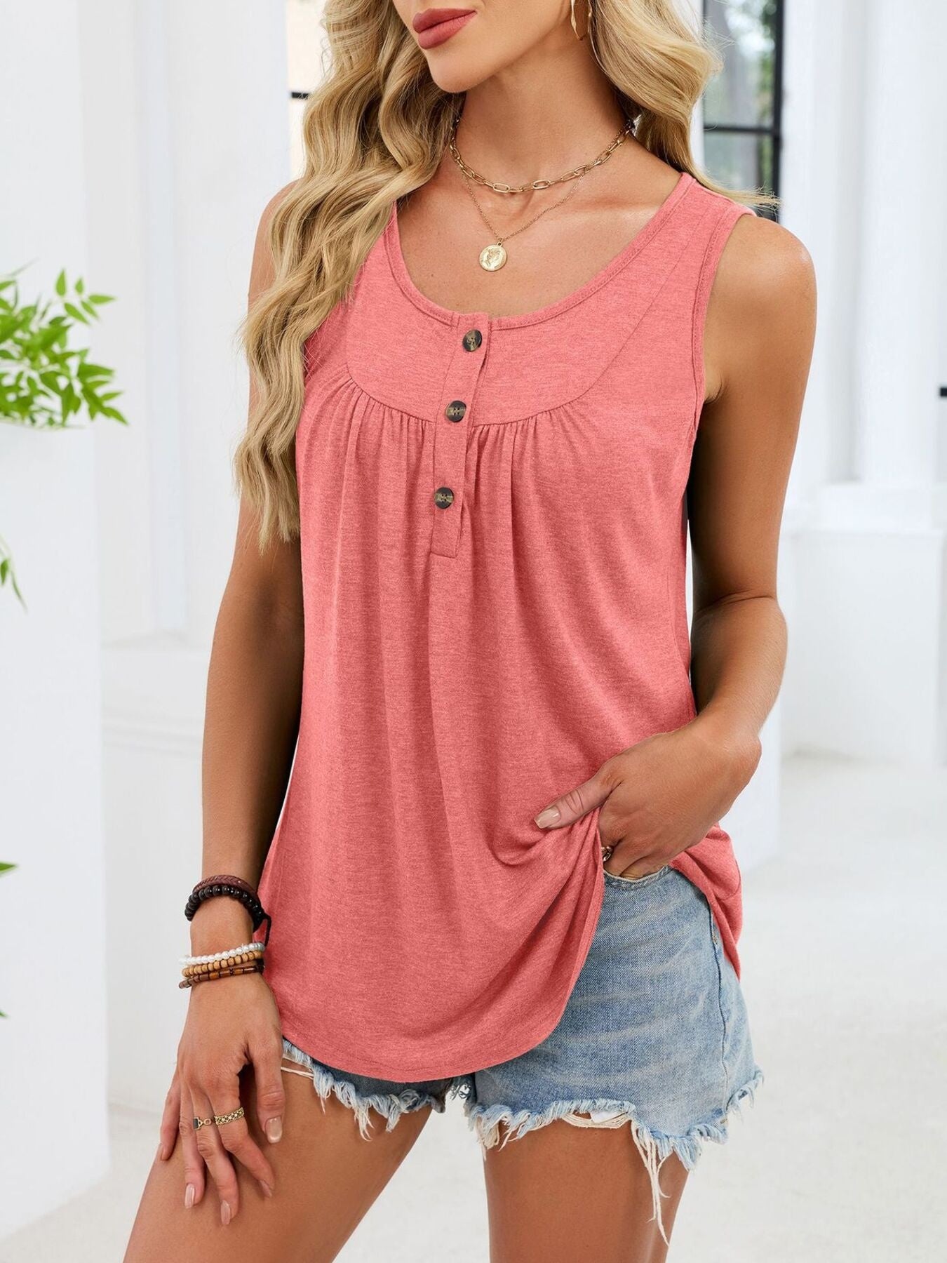 Pink button-detail round neck tank with gathered yoke and front button closure
