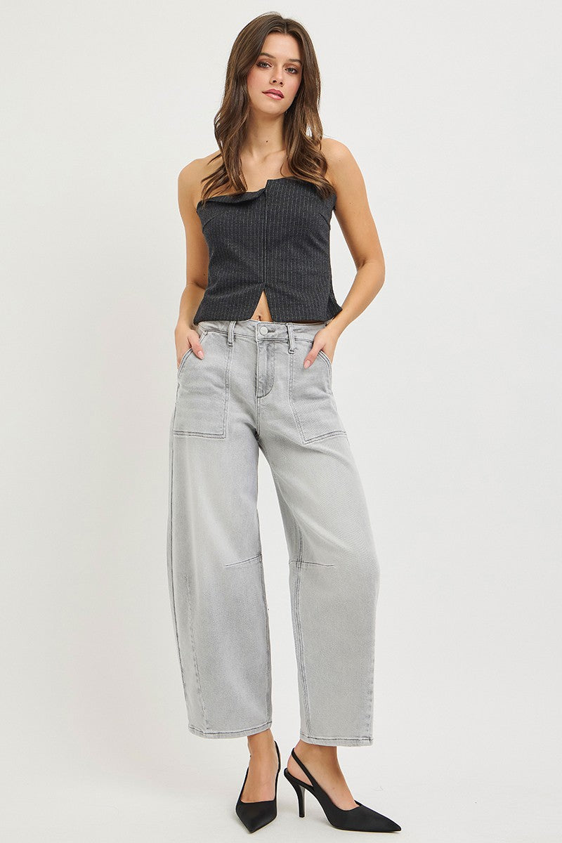 Light grey cropped barrel jeans with slouchy fit, front patch pockets, belt loops