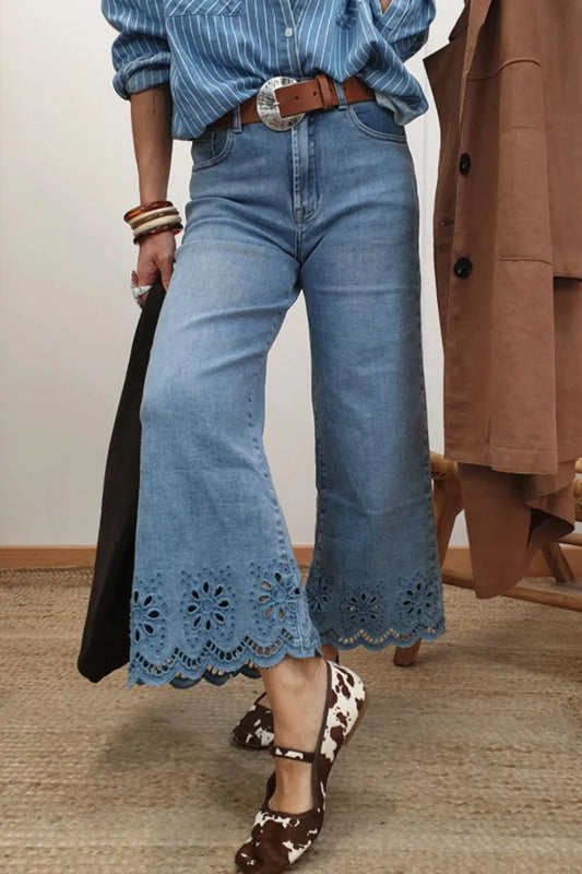 Lace Detail Cropped Wide Leg Jeans - Tigbul's Variety Fashion Shop