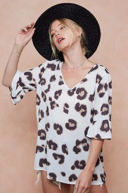 BiBi Leopard Printed V Neck Woven Top with Ruffled - Tigbul's Variety Fashion Shop