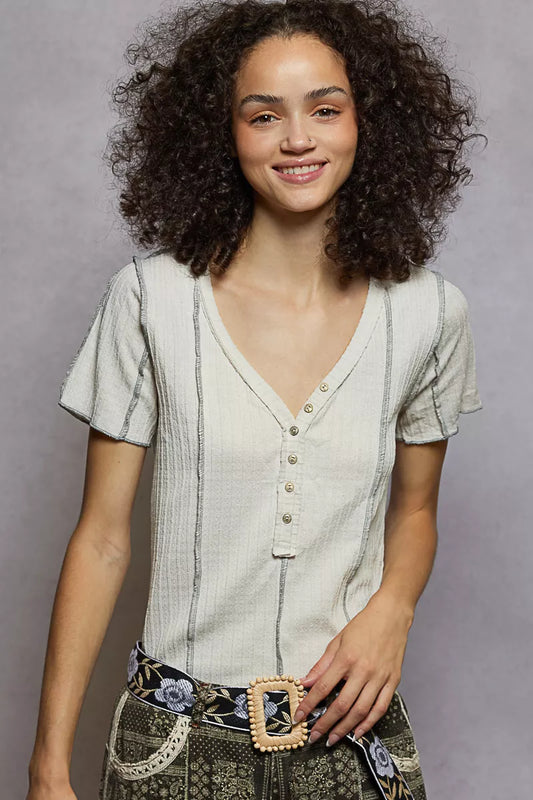 POL V-Neck Short Sleeve Top with Stitch Seam Detail - Tigbul's Variety Fashion Shop