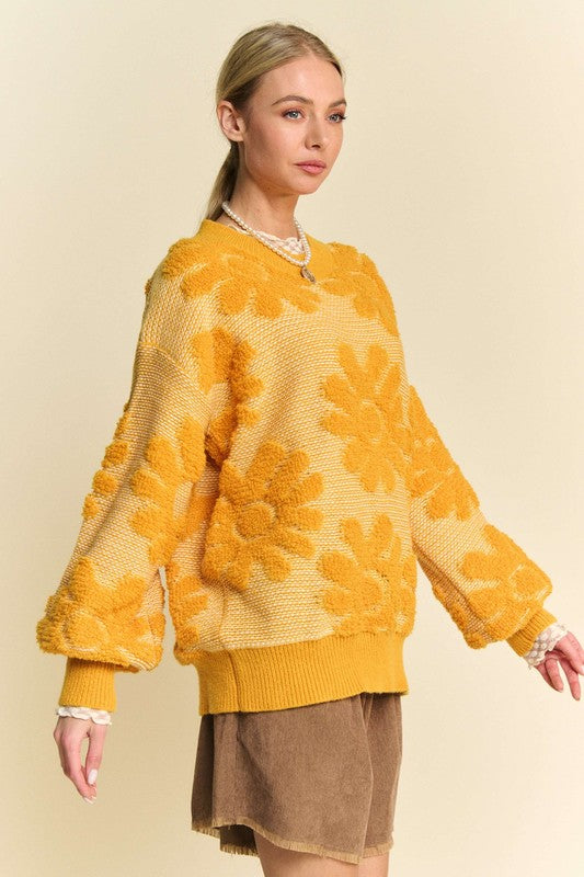 Davi & Dani Flower Texture Round Neck Dropped Shoulder Sweater - Tigbul's Variety Fashion Shop