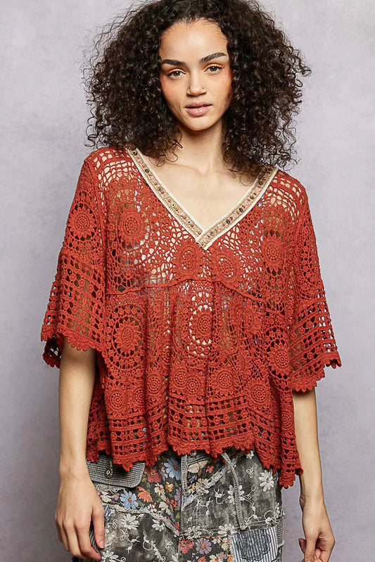 POL V-Neck Crochet Top with Scalloped Hem - Tigbul's Variety Fashion Shop