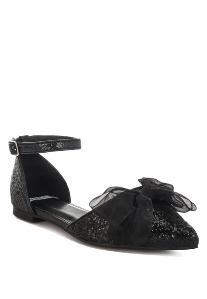 Clarice Sheer Bow Detail Glitter Flat Sandals - Tigbul's Variety Fashion Shop