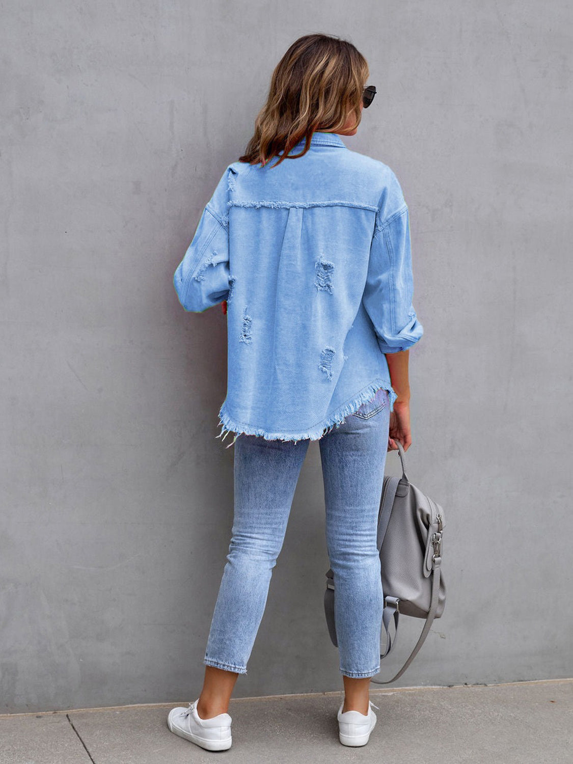 Distressed Drop Shoulder Denim Jacket - Tigbul's Variety Fashion Shop