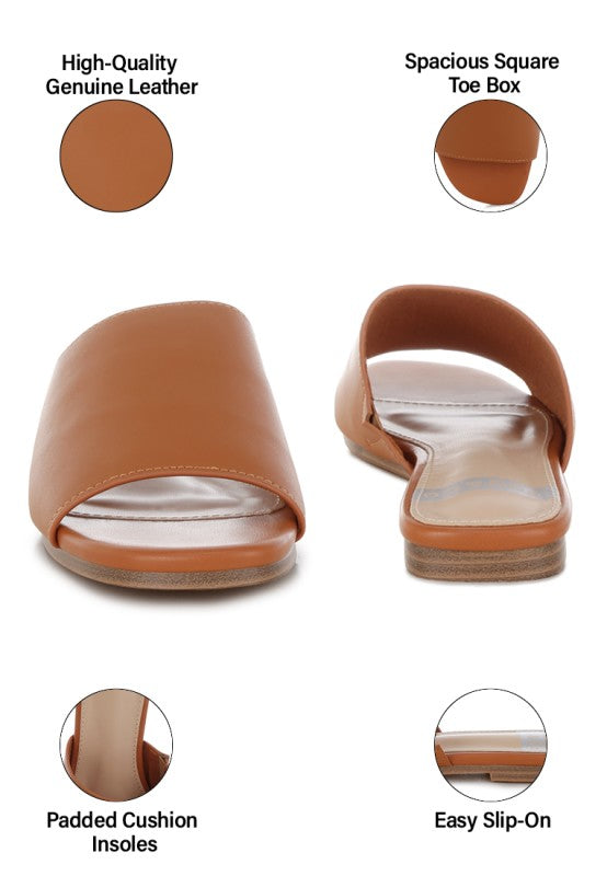 Tan leather slip-on flats with wide square toe and padded cushion footbed