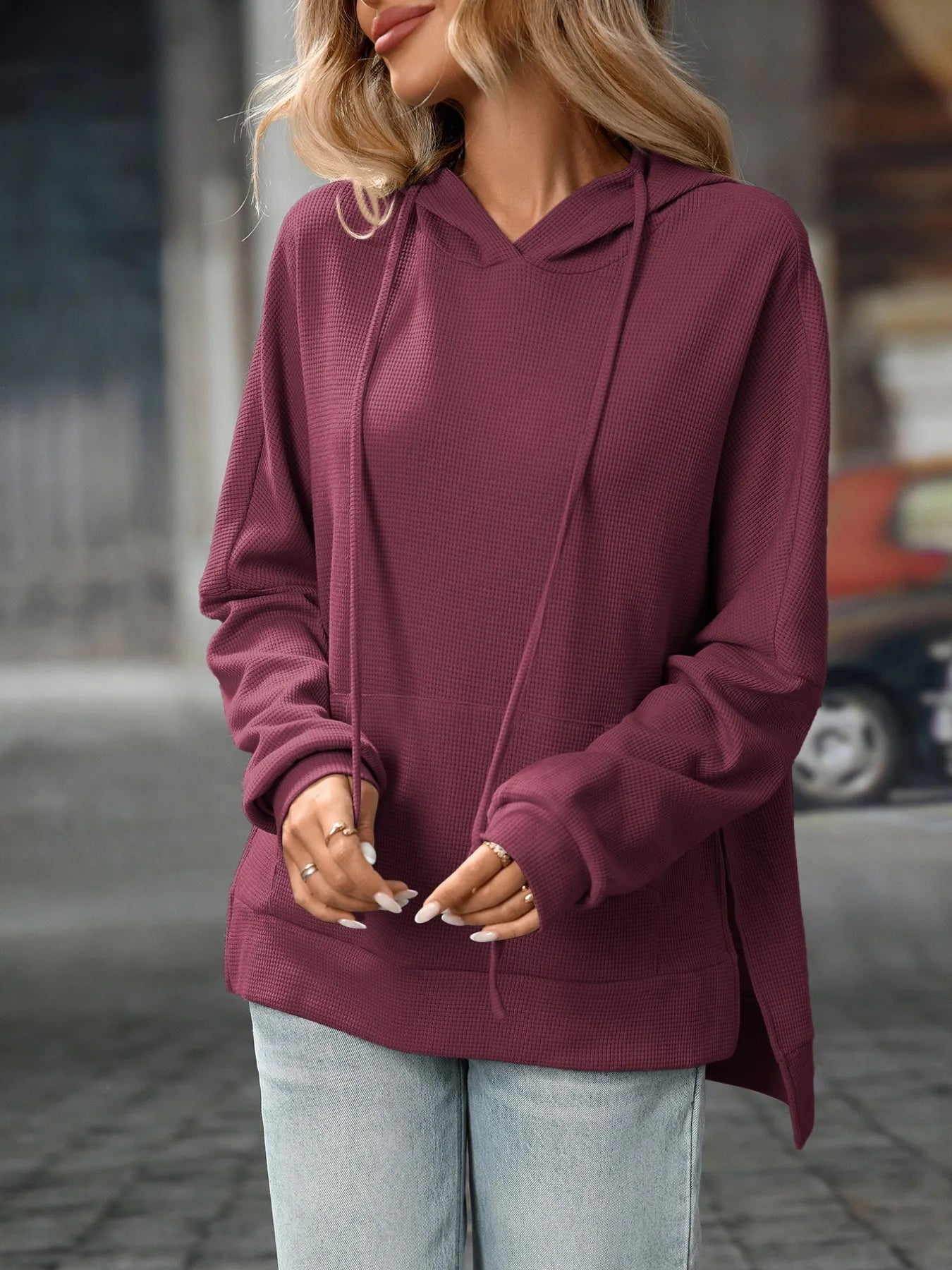 Textured Drawstring Long Sleeve Hoodie - Tigbul's Variety Fashion Shop