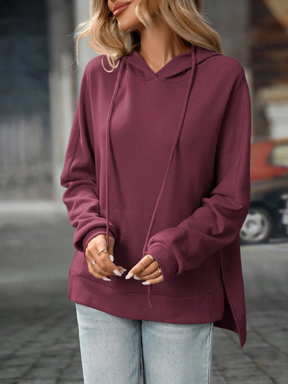 Textured Drawstring Long Sleeve Hoodie - Tigbul's Variety Fashion Shop