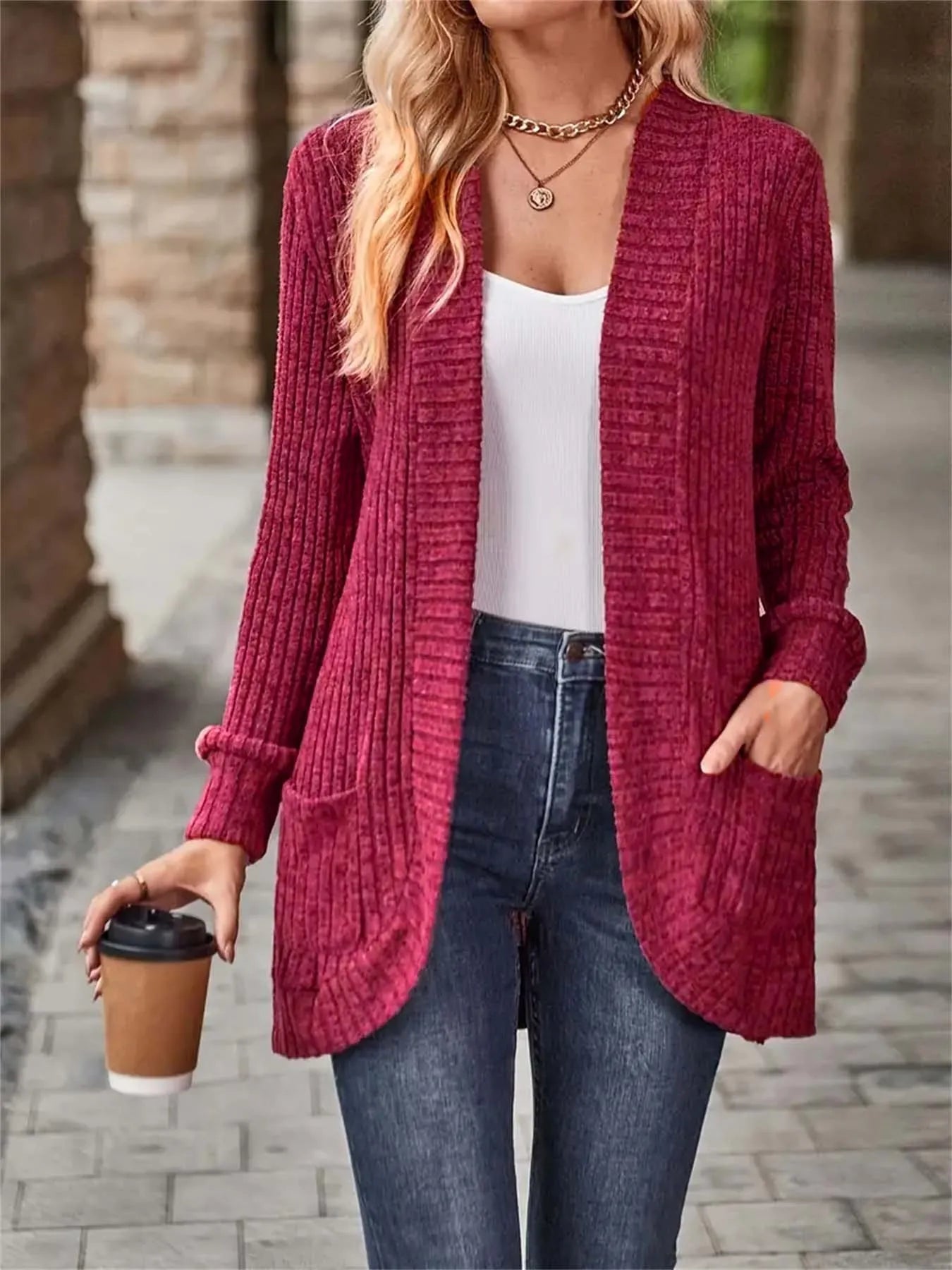 Ribbed Open Front Long Cardigan with Pockets - Tigbul's Variety Fashion Shop