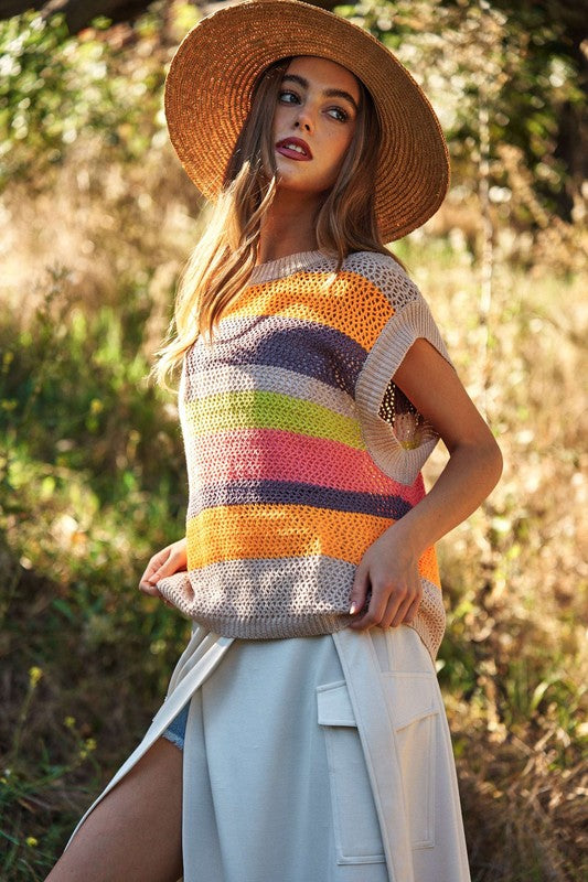 Crochet Multi Striped Pullover Knit Sweater Vest - Tigbuls Variety Fashion