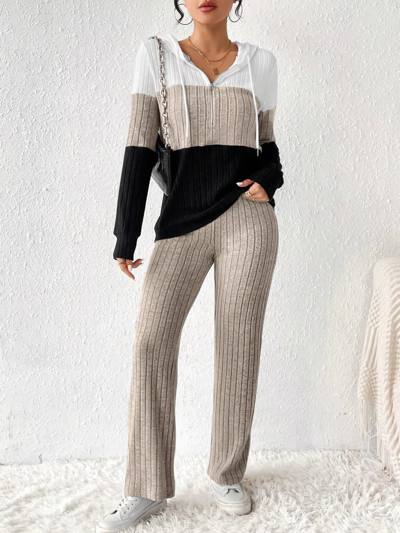Color Block Half Zip Hooded Top and Pants Set - Tigbul's Variety Fashion Shop