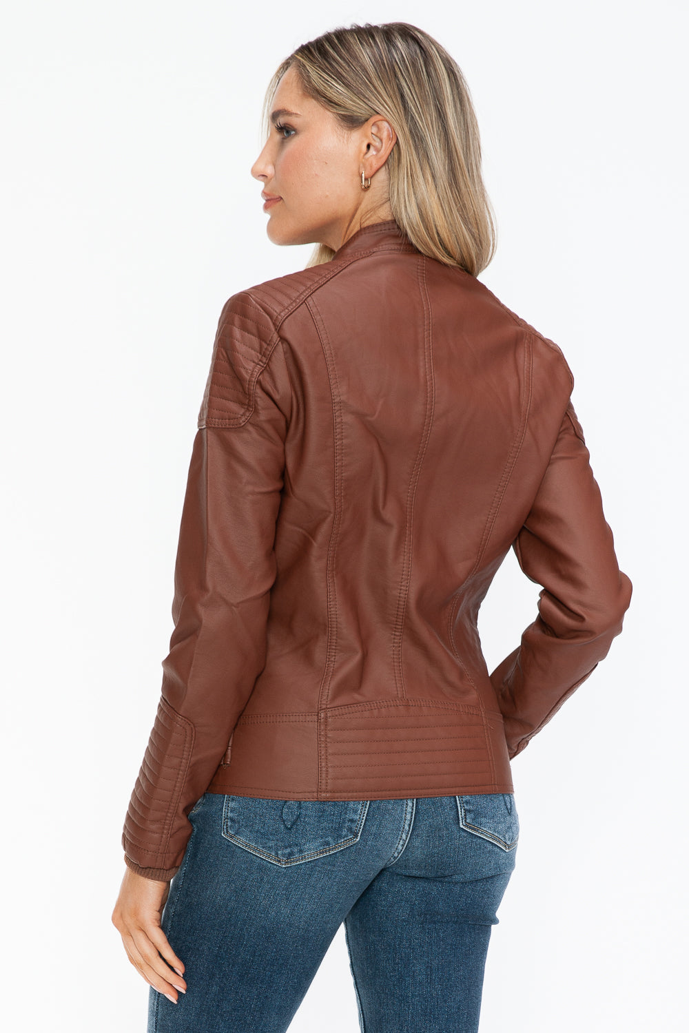 Brown Faux Leather Biker Jacket with Side Zip Pockets