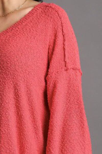 Red Dropped Shoulder Side Slit Sweater - Tigbul's Variety Fashion Shop