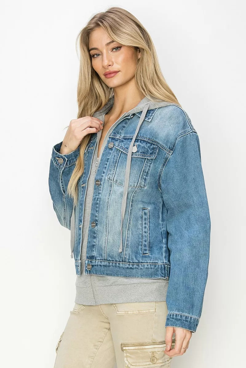 Oversized denim hoodie jacket, side view with gray hood lining and button closure