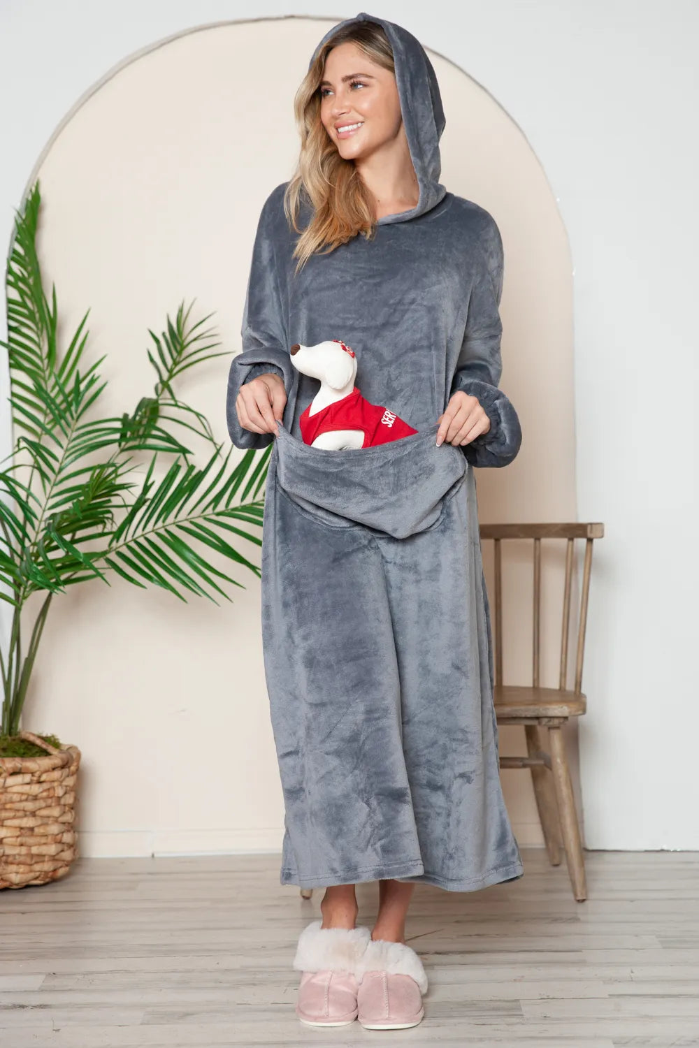 Dark gray hooded midi lounge dress with front pocket and drawstring hood