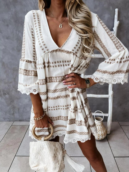 V-Neck Lace Trim Striped Babydoll Dress - Tigbul's Variety Fashion Shop
