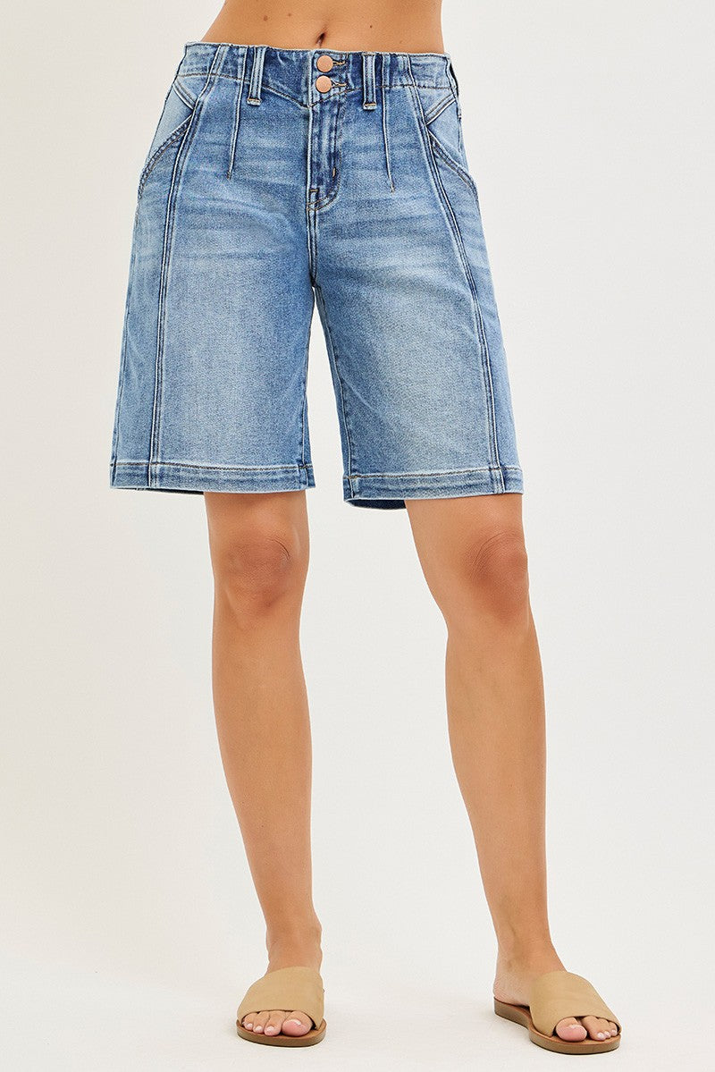 Medium-blue denim shorts, back view showing waistband buttons and side seams