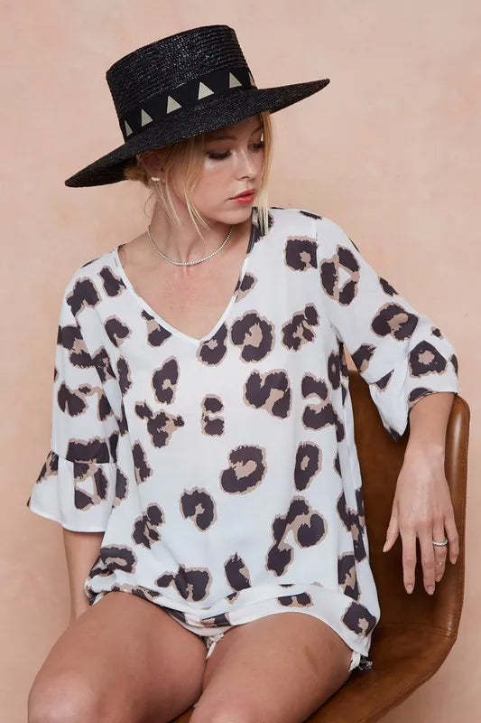 BiBi Leopard Printed V Neck Woven Top with Ruffled - Tigbul's Variety Fashion Shop