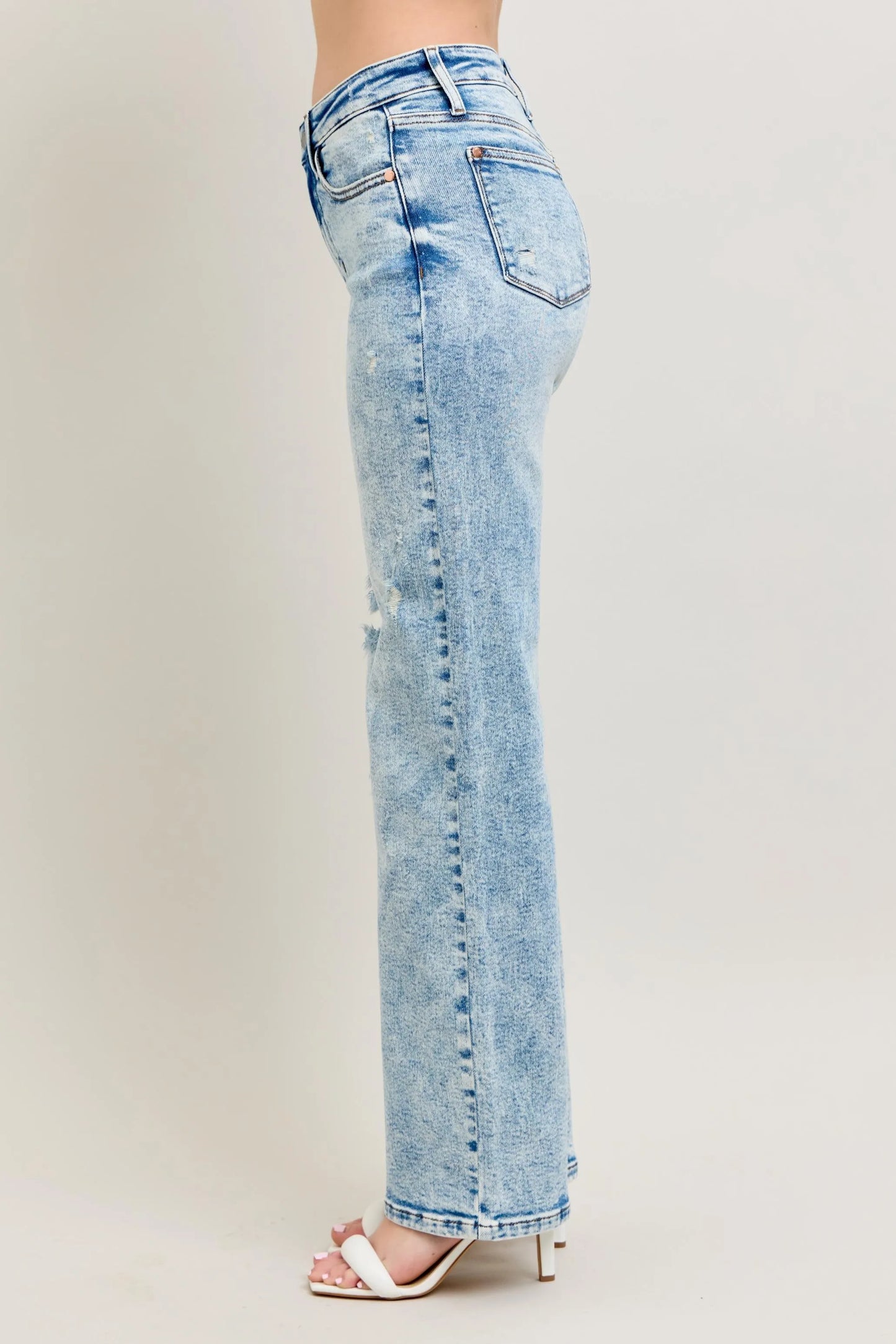 Judy Blue High Waist Mineral Wash Distressed 90's Straight Jeans - Tigbul's Variety Fashion Shop