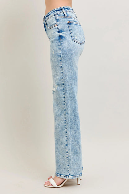 Judy Blue High Waist Mineral Wash Distressed 90's Straight Jeans - Tigbul's Variety Fashion Shop