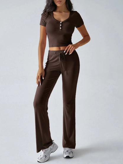 Casual Ribbed Short Sleeve Top and Pants Set - Tigbul's Variety Fashion Shop