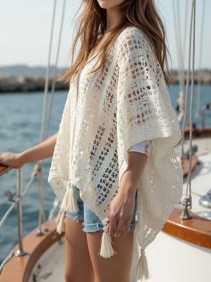 Openwork Tassel Open Front Knit Cover Up - Tigbul's Variety Fashion Shop