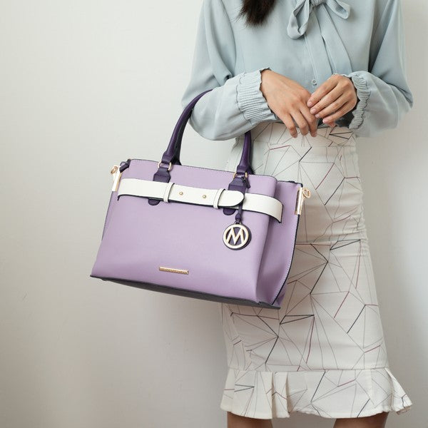 Lavender MKF Jamie satchel with white front strap, gold-tone logo charm, one size