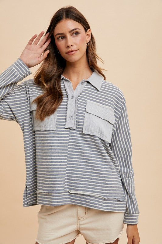 Annie Wear Striped Button Detail Long Sleeve Polo Top - Tigbul's Variety Fashion Shop