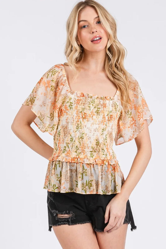 Floral Chiffon Smocked Square Neck Peplum Top - Tigbul's Variety Fashion Shop