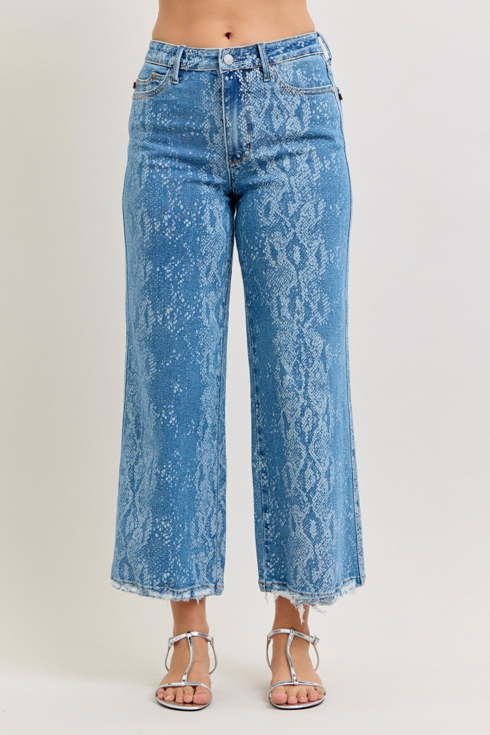 High-rise ankle wide-leg jeans, blue snake-print wash, button fly.