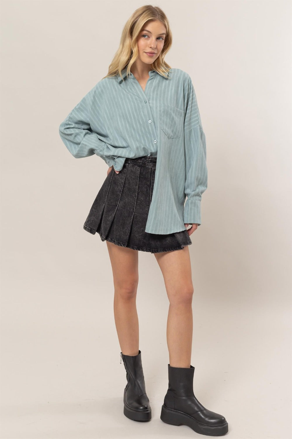 Stripe Button Down Long Sleeve Oversized Shirt - Tigbul's Variety Fashion Shop