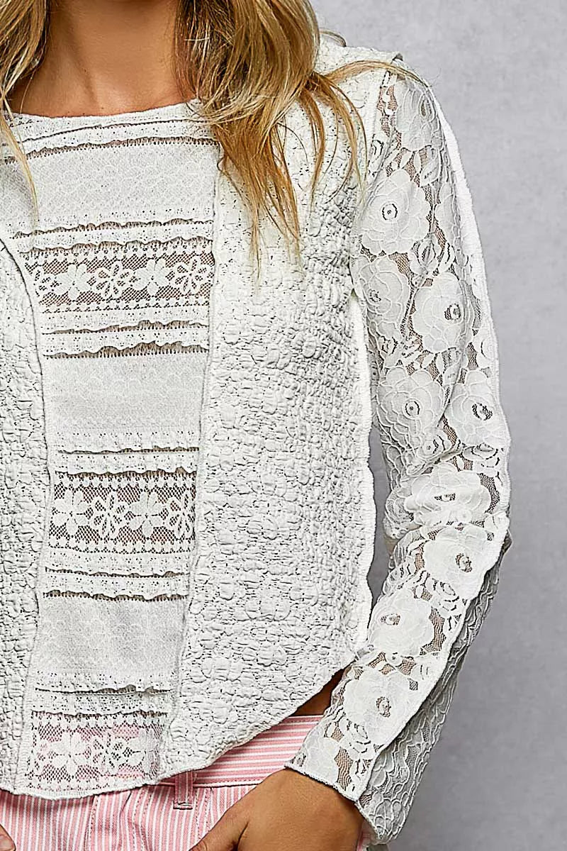 POL Round Neck Long Sleeve Exposed Seam Top with Lace Detail - Tigbul's Variety Fashion Shop