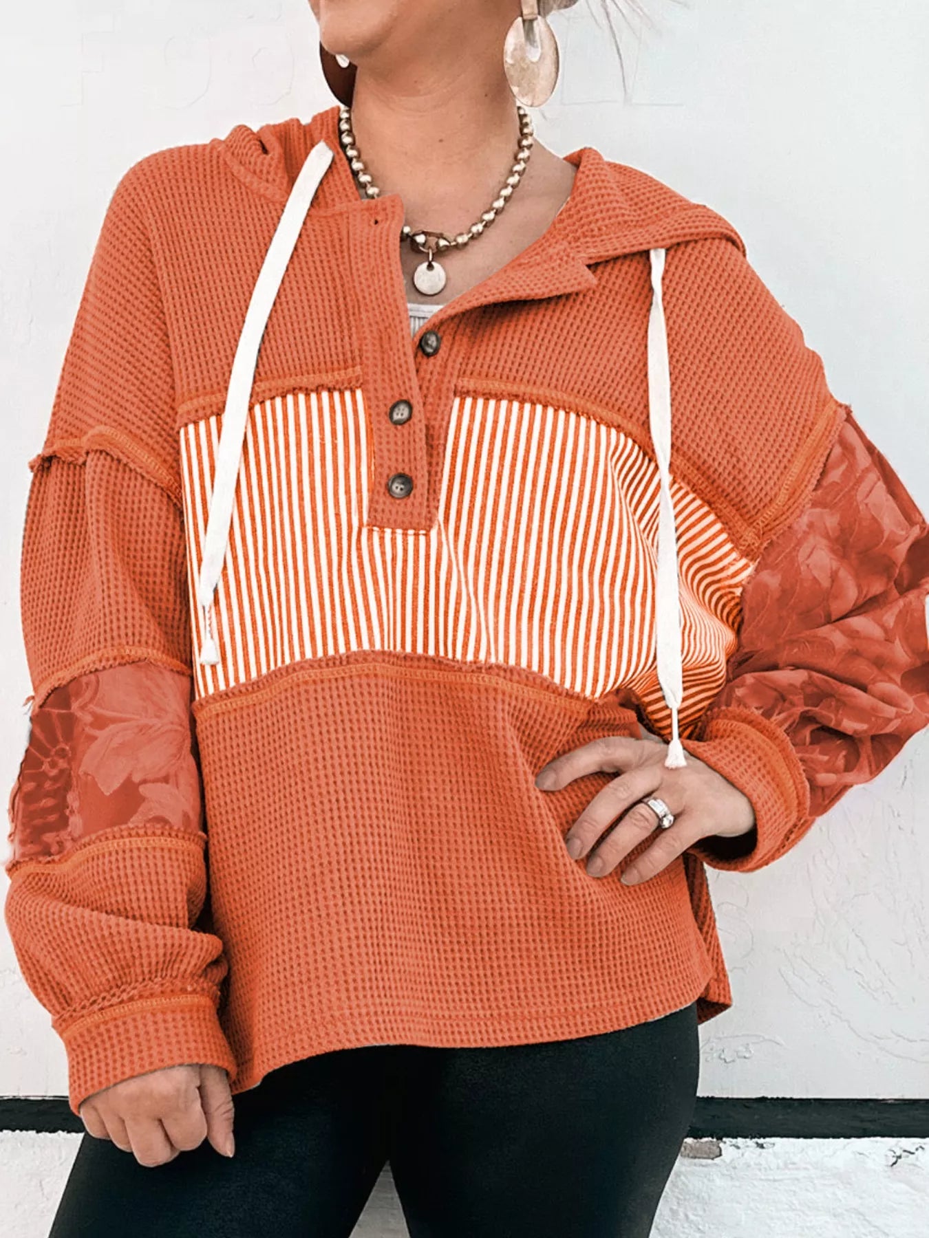 Waffle Knit Color Block Striped Drawstring Hoodie - Tigbul's Variety Fashion Shop