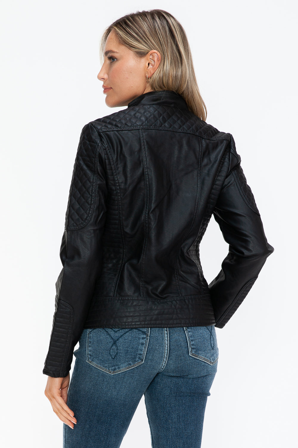 Black Faux Leather Zip Up Mock Neck Jacket