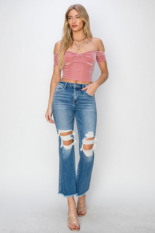RISEN Mid Rise Distressed Cropped Flare Jeans - Tigbuls Variety Fashion