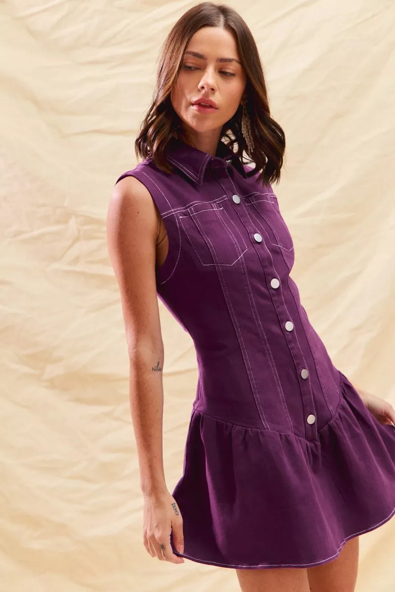 SO ME Button Down Sleeveless Collared Game Day Mini Dress - Tigbul's Variety Fashion Shop