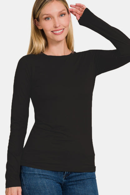 Zenana Ful Size Brushed Microfiber Long Sleeve Round Neck T-Shirt - Tigbul's Variety Fashion Shop